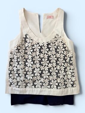 nell Cream Floral Crochet Lace Layered Sleeveless Top Blouse Navy Underlay XS